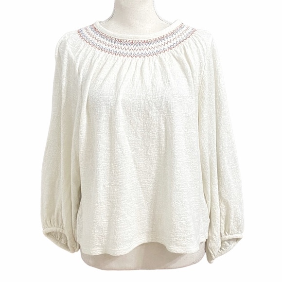 MADEWELL OFF WHITE  SUPERLIGHT JACQUARD EMBROIDERED SMOCKED LONG SLEEVE BLOUSE - Picture 2 of 10